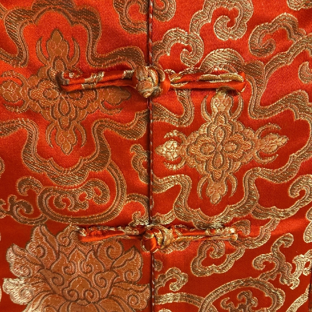 Vibrant Red and Gold Chinese Brocade Satin Jacket - Picture 3 of 5